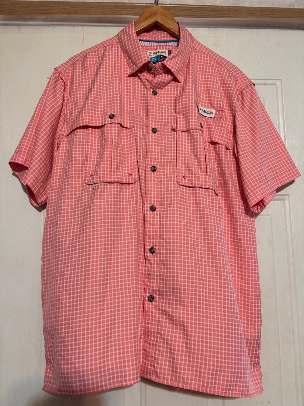 Magellan Outdoors Coral Plaid Short Sleeve Button-Down Shirt
